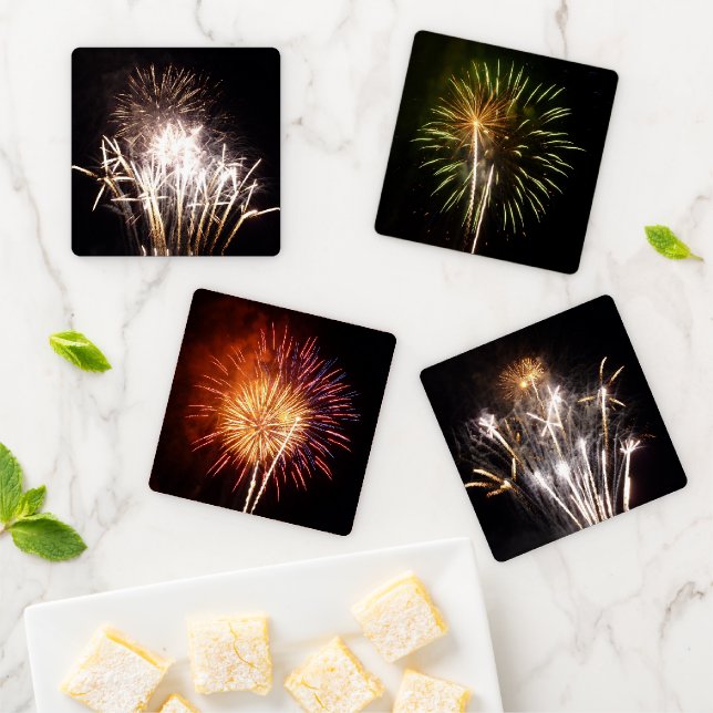 White and Gold Fireworks I Patriotic Celebration Coaster Set (In Situ)