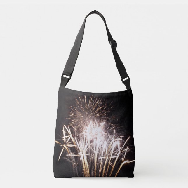 White and Gold Fireworks I Patriotic Celebration Crossbody Bag (Front)
