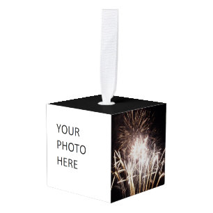 White and Gold Fireworks I Patriotic Celebration Cube Ornament