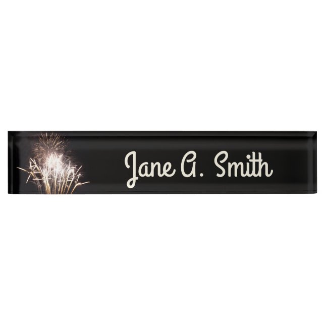 White and Gold Fireworks I Patriotic Celebration Desk Name Plate (Front)