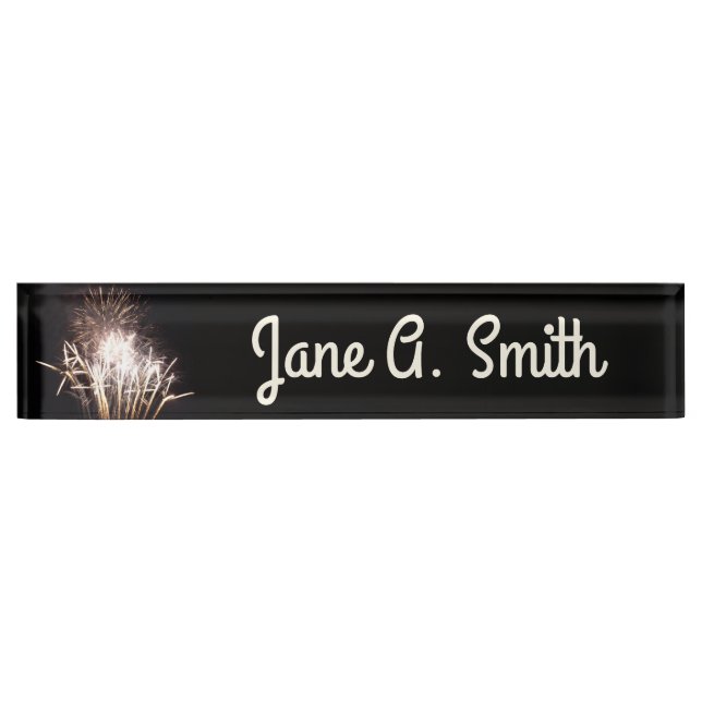 White and Gold Fireworks I Patriotic Celebration Desk Name Plate (Front)