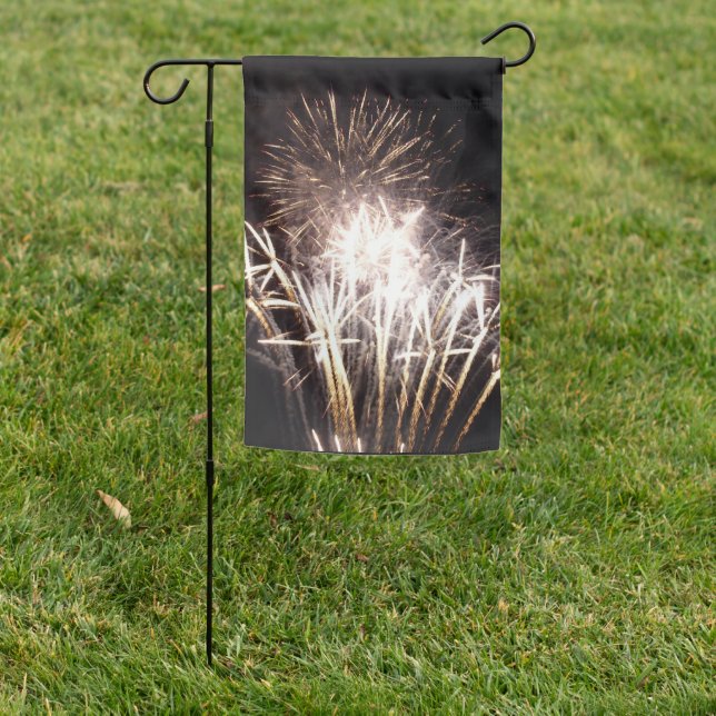 White and Gold Fireworks I Patriotic Celebration Garden Flag (In SItu)