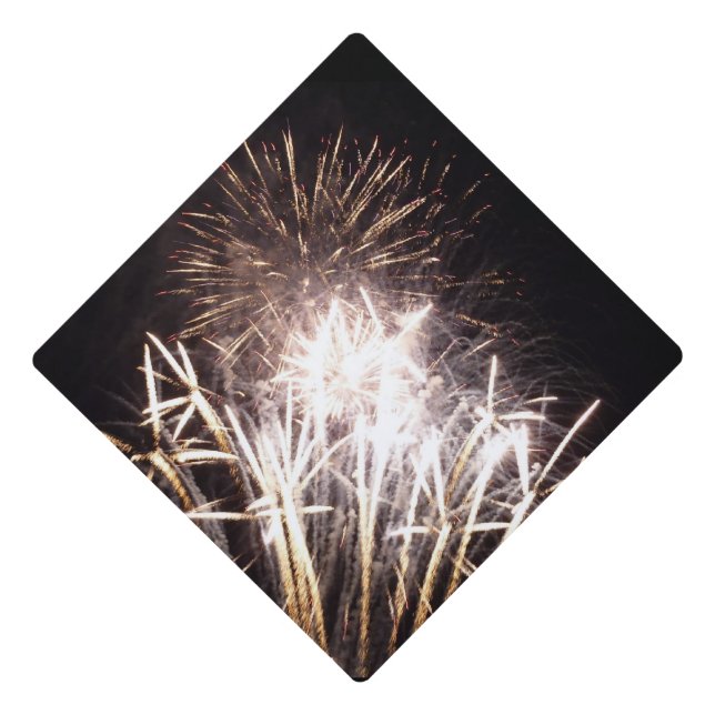 White and Gold Fireworks I Patriotic Celebration Graduation Cap Topper (Front)