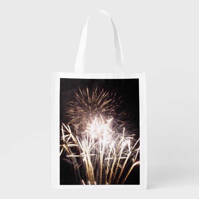 White and Gold Fireworks I Patriotic Celebration Grocery Bag (Front)