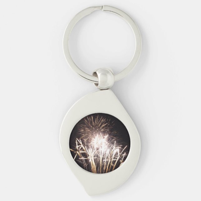 White and Gold Fireworks I Patriotic Celebration Keychain (Front)