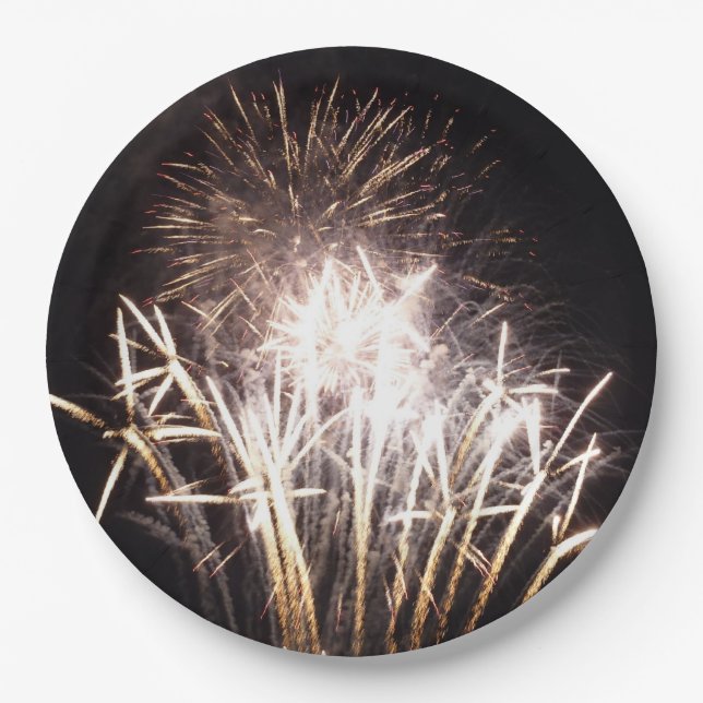 White and Gold Fireworks I Patriotic Celebration Paper Plates (Front)