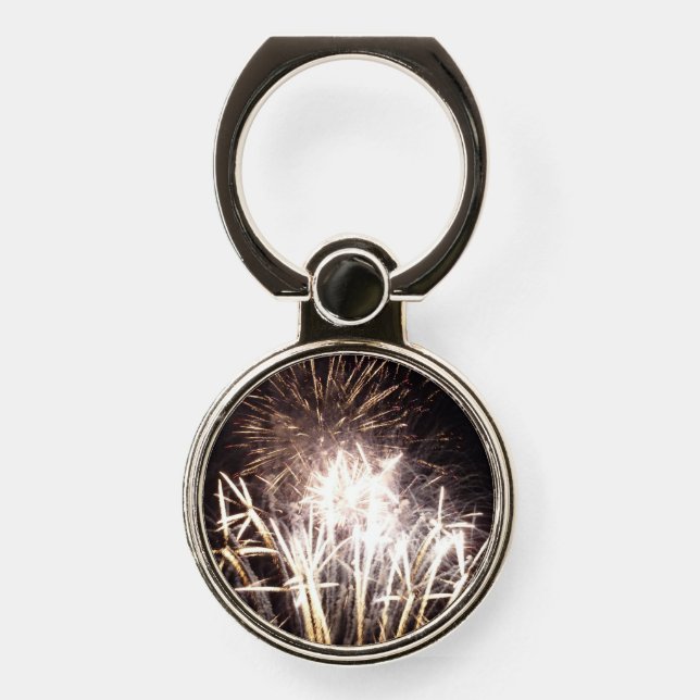 White and Gold Fireworks I Patriotic Celebration Phone Ring Stand (Front)