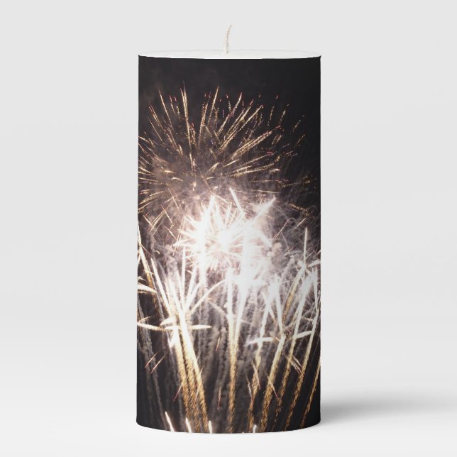 White and Gold Fireworks I Patriotic Celebration Pillar Candle (Front)