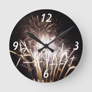 White and Gold Fireworks I Patriotic Celebration Round Clock
