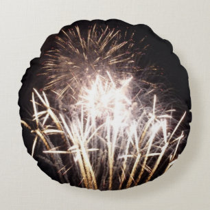 White and Gold Fireworks I Patriotic Celebration Round Pillow