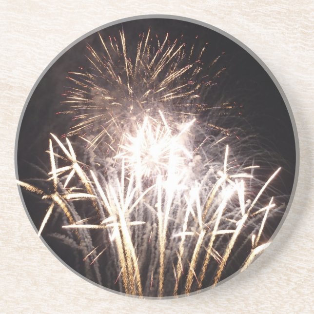 White and Gold Fireworks I Patriotic Celebration Sandstone Coaster (Front)