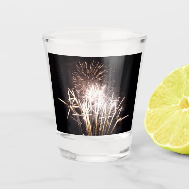 White and Gold Fireworks I Patriotic Celebration Shot Glass (Front)