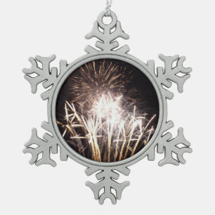 White and Gold Fireworks I Patriotic Celebration Snowflake Pewter Christmas Ornament