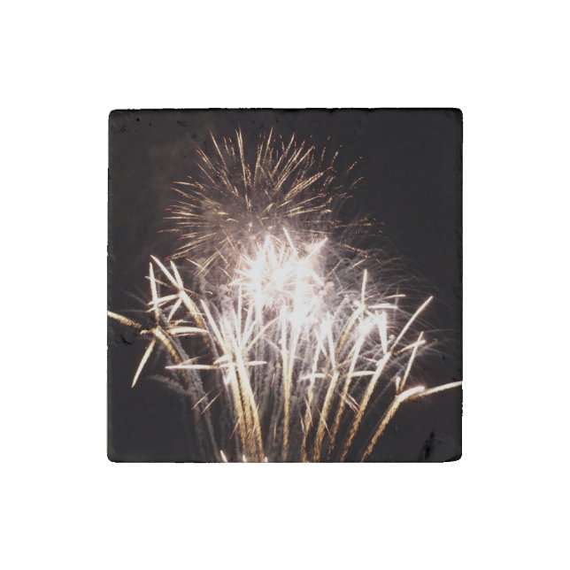 White and Gold Fireworks I Patriotic Celebration Stone Magnet (Front)
