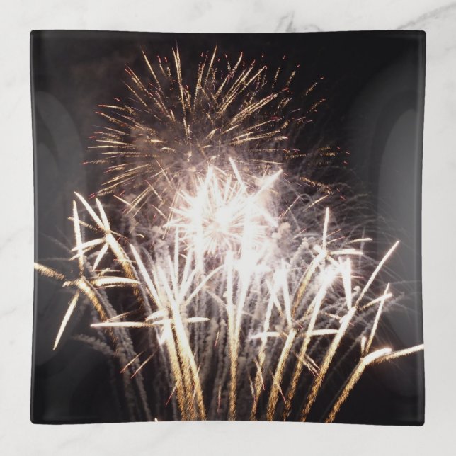 White and Gold Fireworks I Patriotic Celebration Trinket Tray (Front)