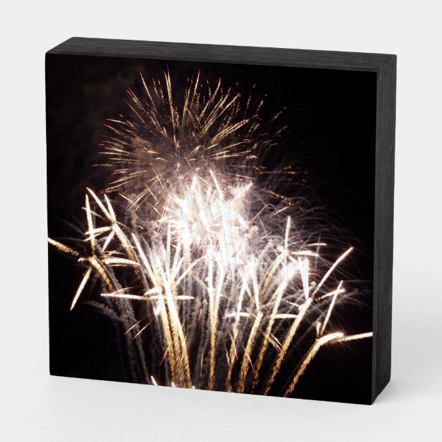 White and Gold Fireworks I Patriotic Celebration Wooden Box Sign (Angled Horizontal)