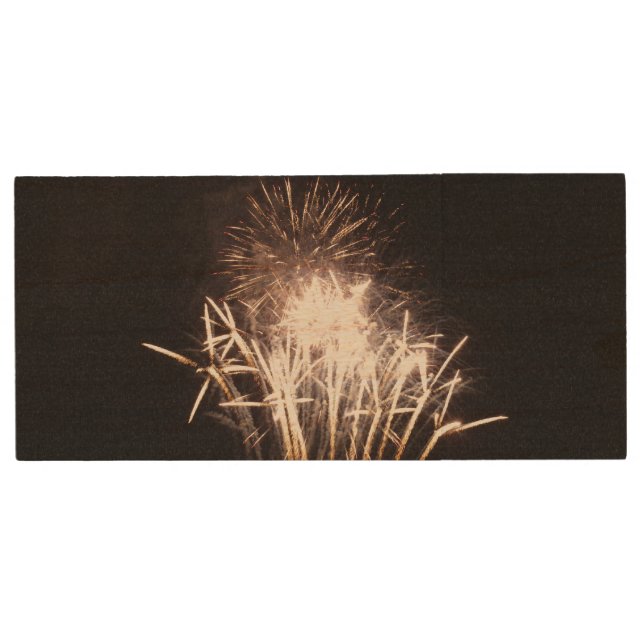 White and Gold Fireworks I Wood Flash Drive (Front)