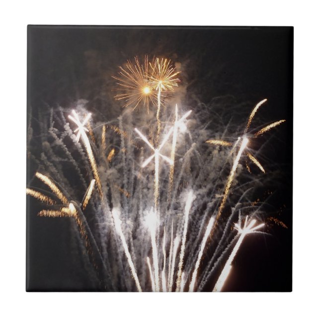 White and Gold Fireworks II Patriotic Celebration Ceramic Tile (Front)