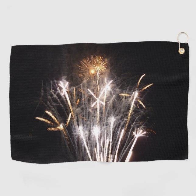 White and Gold Fireworks II Patriotic Celebration Golf Towel (Horizontal)