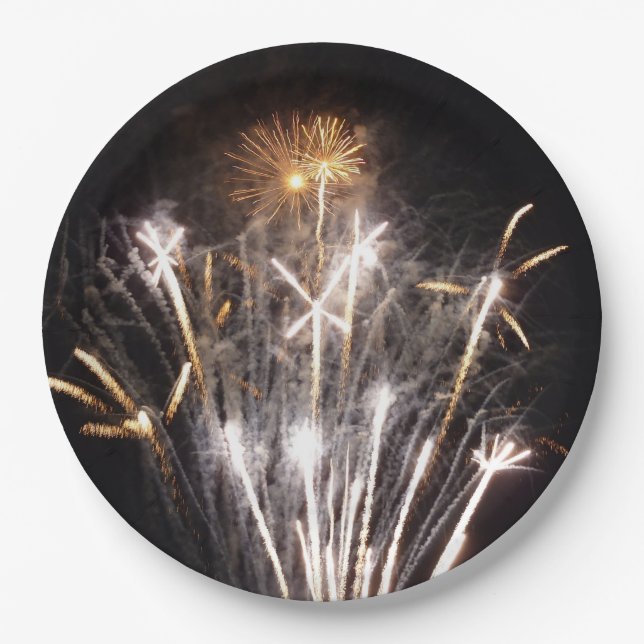 White and Gold Fireworks II Patriotic Celebration Paper Plates (Front)