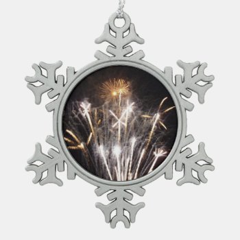 White And Gold Fireworks Ii Patriotic Celebration Snowflake Pewter Christmas Ornament by mlewallpapers at Zazzle