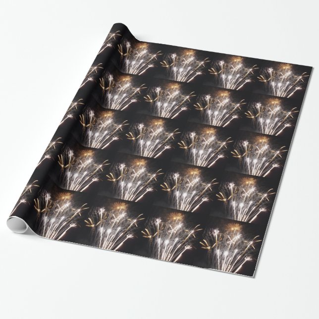 White and Gold Fireworks II Patriotic Celebration Wrapping Paper (Unrolled)