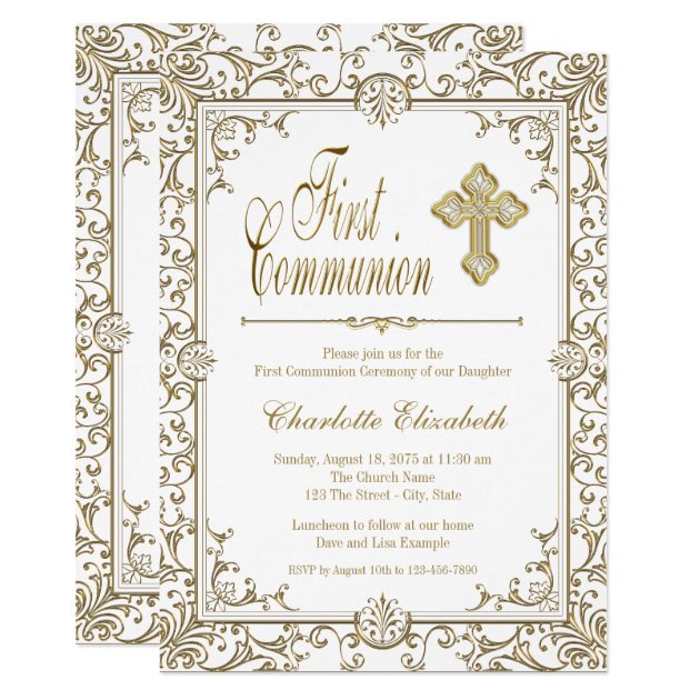 White And Gold First Communion Invitations