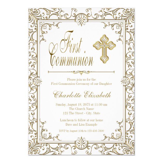 White And Gold First Communion Invitations