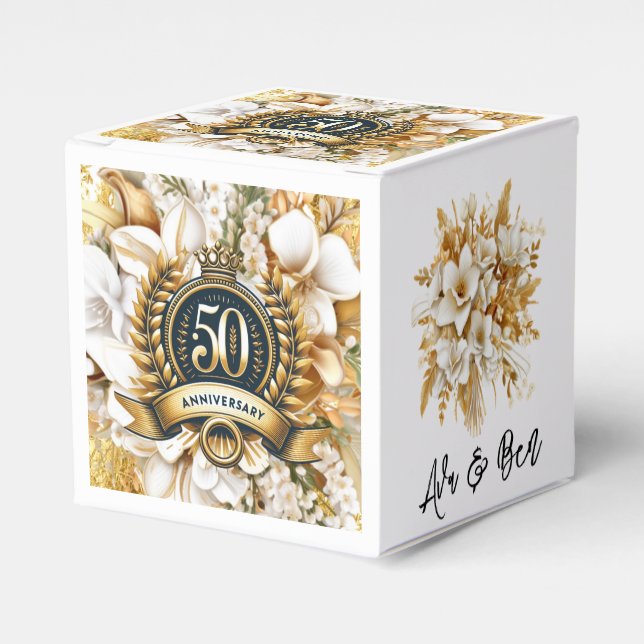 White and Gold Floral 50th Anniversary  Favor Boxes (Front Side)