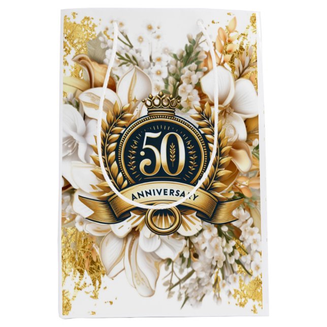 White and Gold Floral 50th Anniversary  Medium Gift Bag (Front)