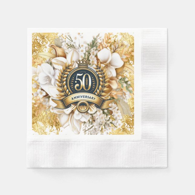 White and Gold Floral 50th Anniversary  Napkins (Front)