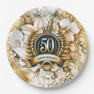 White and Gold Floral 50th Anniversary  Paper Plates