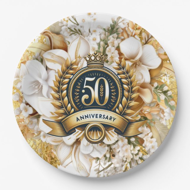 White and Gold Floral 50th Anniversary  Paper Plates (Front)