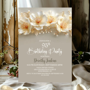 White and Gold Floral 95th Birthday Party Invitation