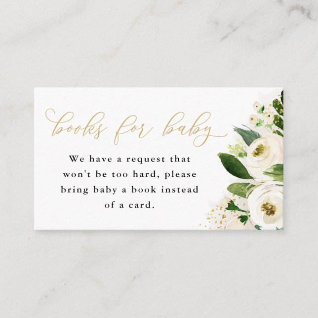 White and Gold Floral Baby Book Request Card (Front)