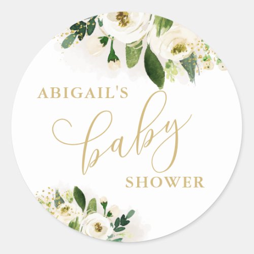 White and Gold Floral Baby Shower Favor Classic Round Sticker