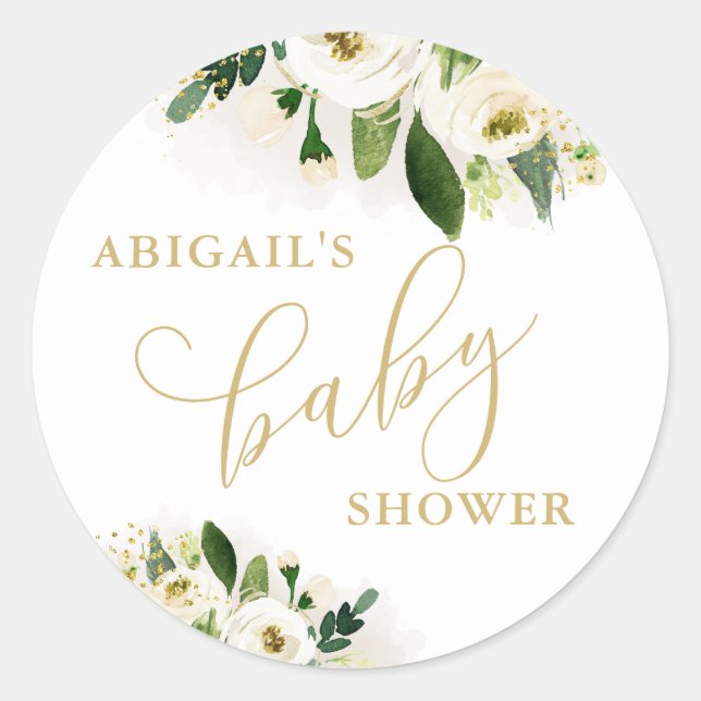 White and Gold Floral Baby Shower Favor Classic Round Sticker (Front)