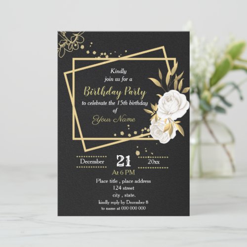 white and gold floral black birthday party invitation