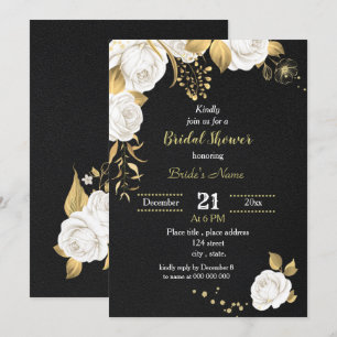 white and gold floral black bridal shower invitation