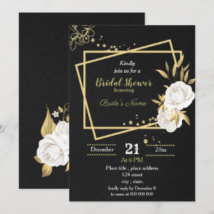 white and gold floral black bridal shower  invitation