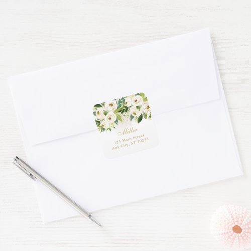White and Gold Floral Bloom Return Address Square Sticker