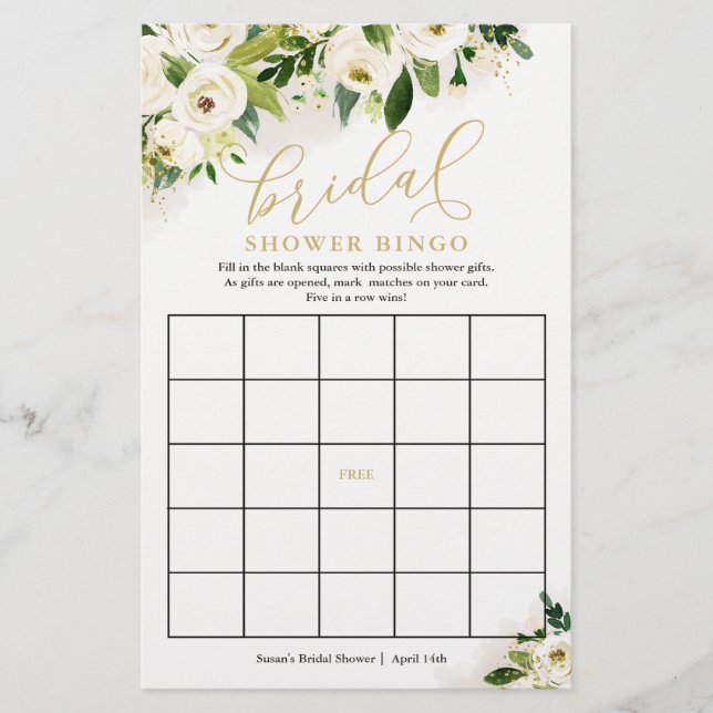 White and Gold Floral Bridal Bingo Paper Game Card (Front)