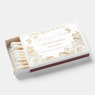 White and Gold Floral Butterflies Wedding Matchboxes