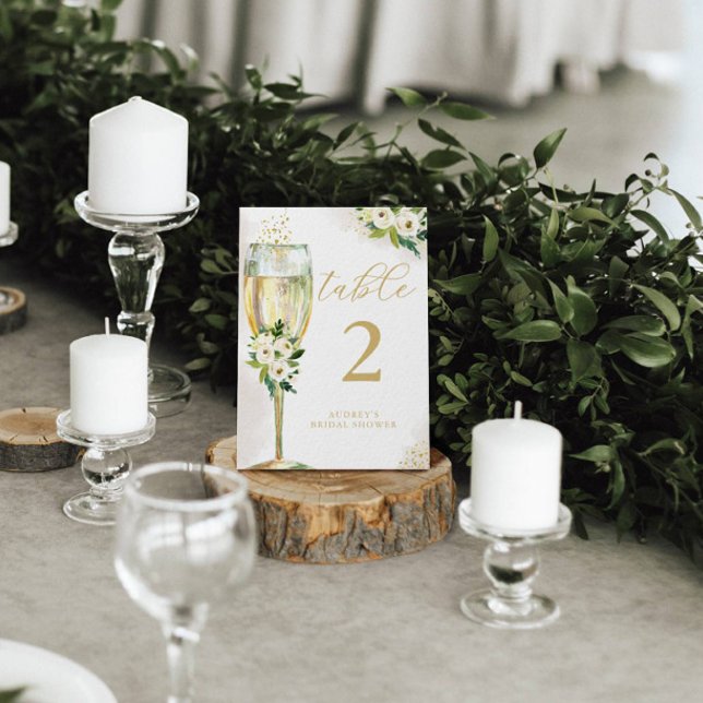 White and Gold Floral Champagne Glass Personalized Table Number (Creator Uploaded)