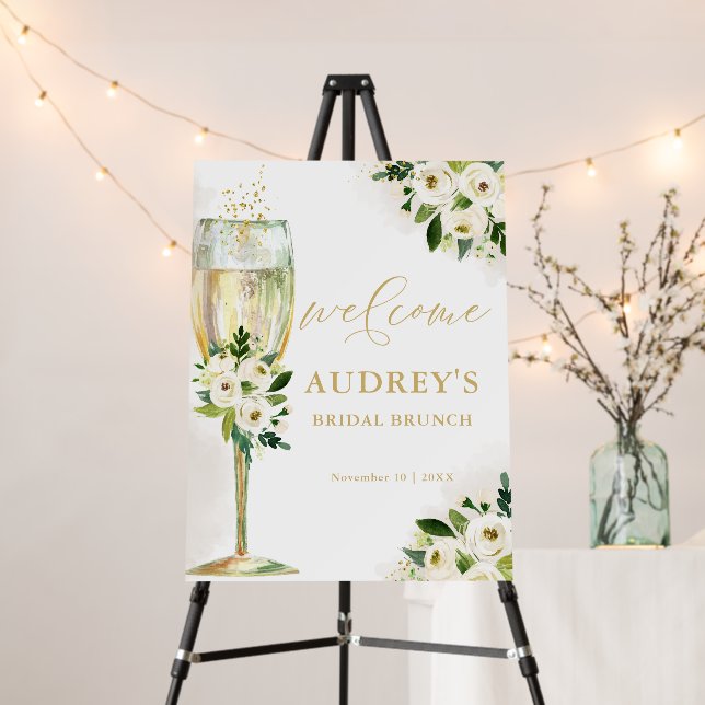 White and Gold Floral Champagne Glass Welcome Foam Board (In Situ (Stand))