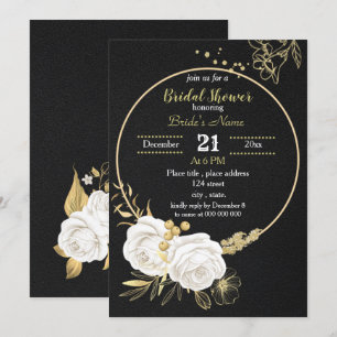 white and gold floral circle black bridal shower invitation