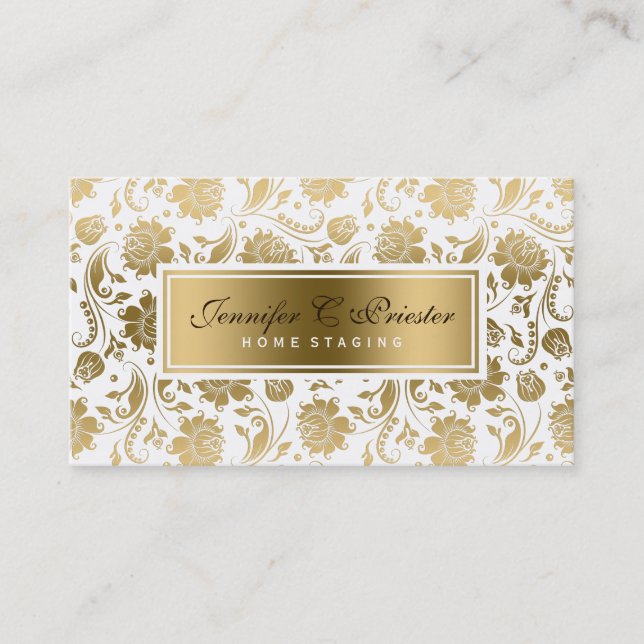 White And Gold Floral Damasks 2 Business Card (Front)