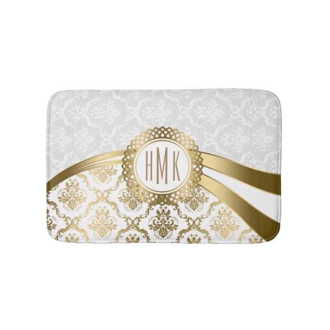 White And Gold Floral Damasks Bathroom Mat (Front)