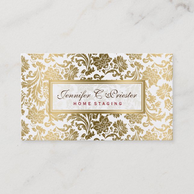White And Gold Floral Damasks Business Card (Front)