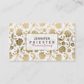 White And Gold Floral Damasks Business Card by artOnWear at Zazzle